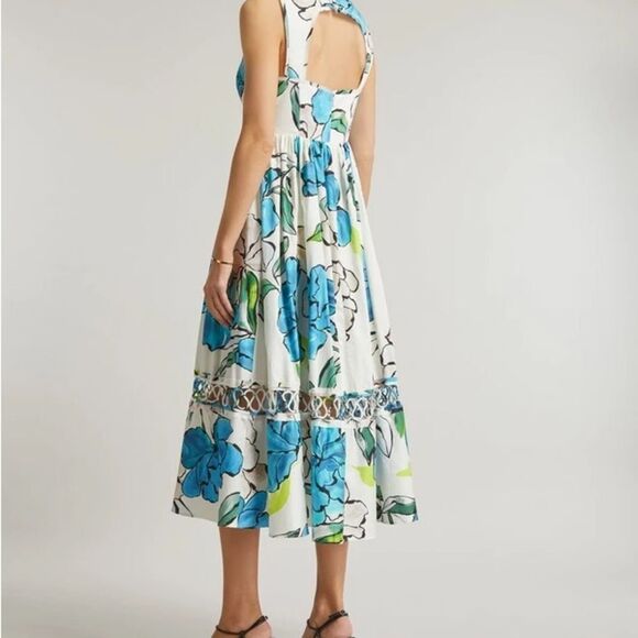 Aje Erika Blue and White Midi Sundress with Square Neck US Size 4, Aus Size 8 - Picture 2 of 4